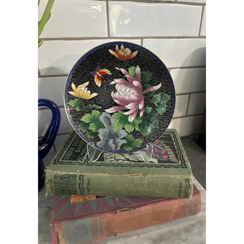 Vintage Japanese Cloisonne Jingfa Floral Enamel 6” Round Plate Turquoise Golden
